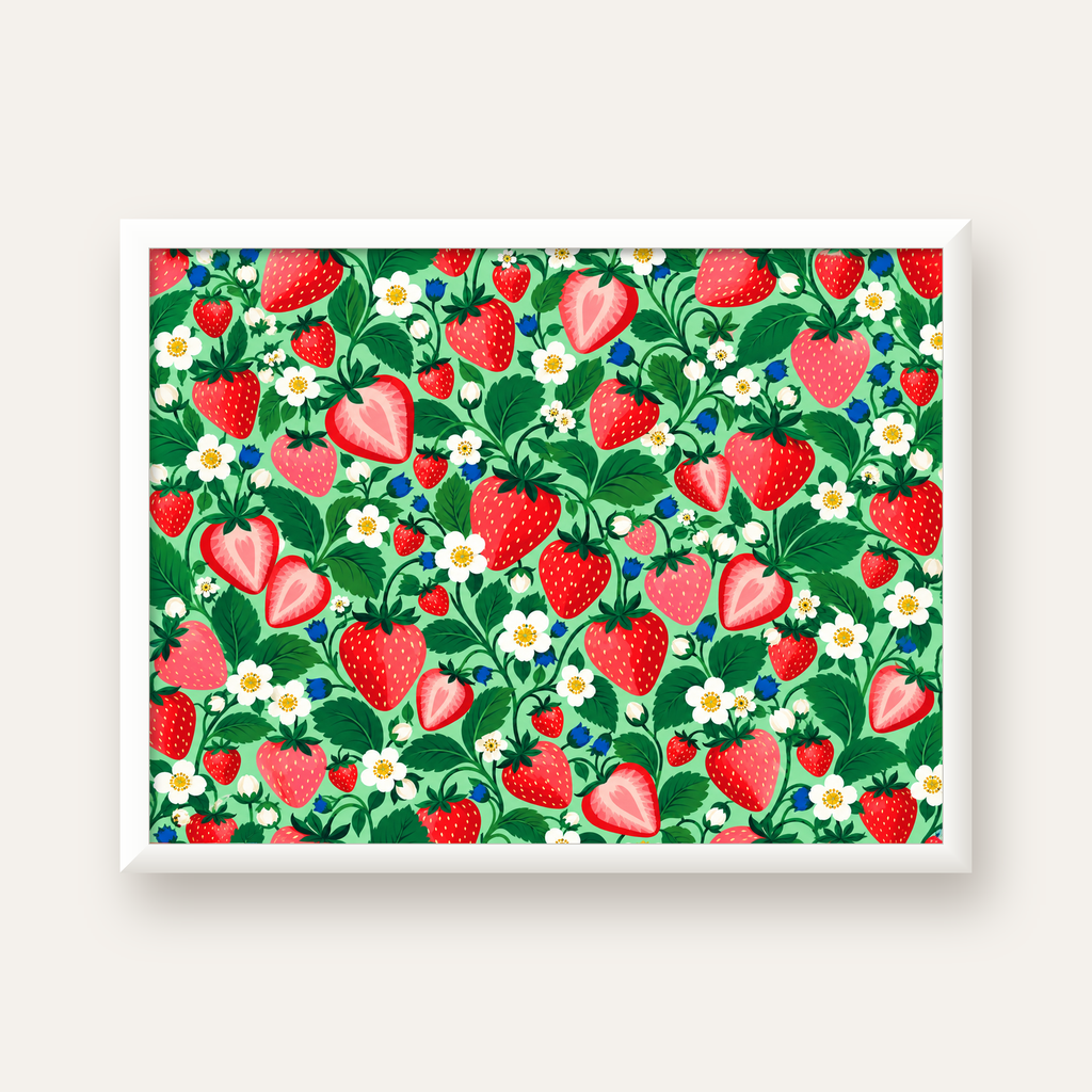 Çilek ve Çiçek Desenli Modern Renkli Sanat Poster — beyaz çerçeveli yatay poster