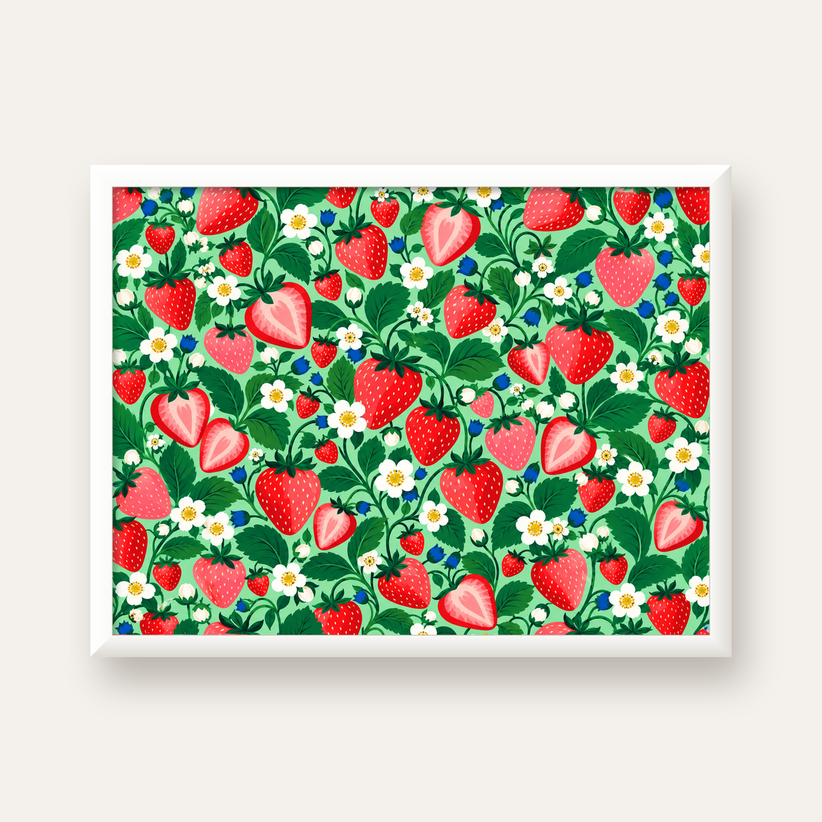 Çilek ve Çiçek Desenli Modern Renkli Sanat Poster — beyaz çerçeveli yatay poster