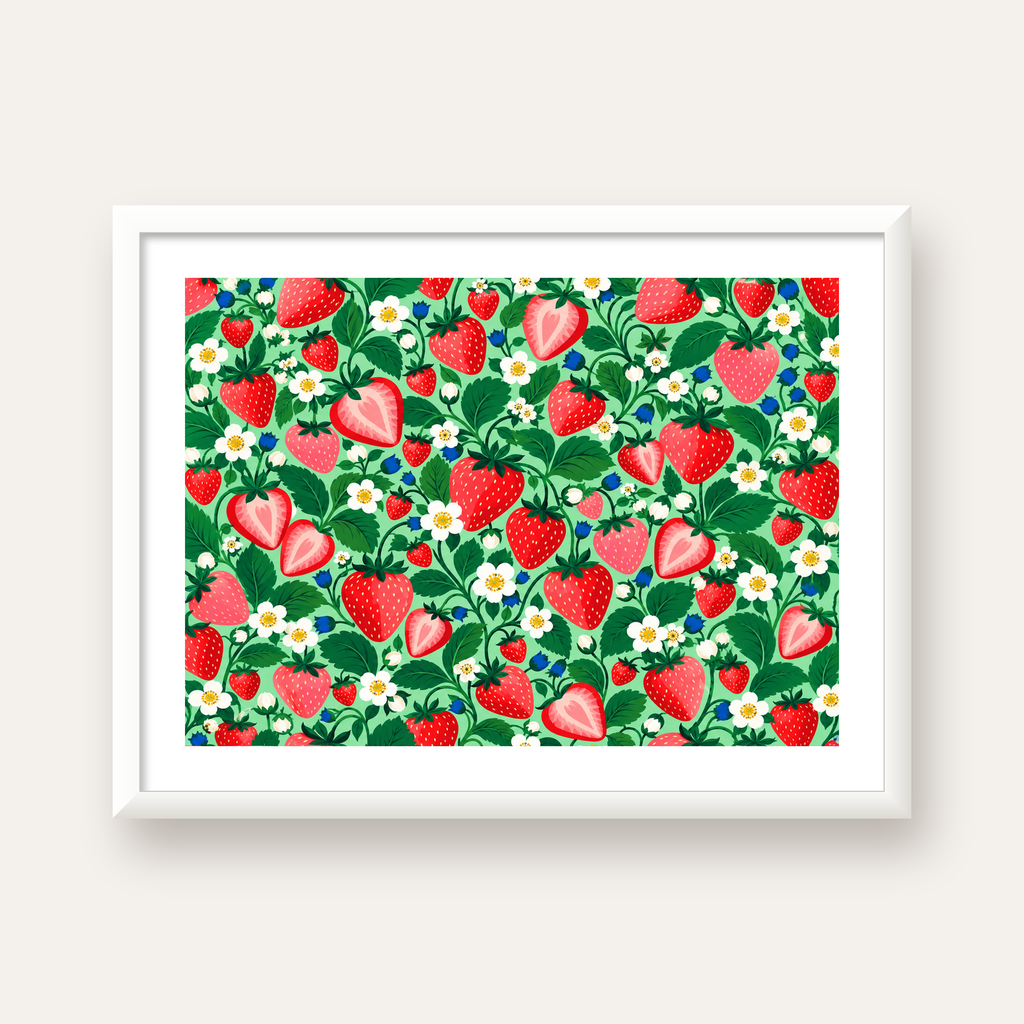 Çilek ve Çiçek Desenli Modern Renkli Sanat Poster — beyaz çerçeveli yatay poster