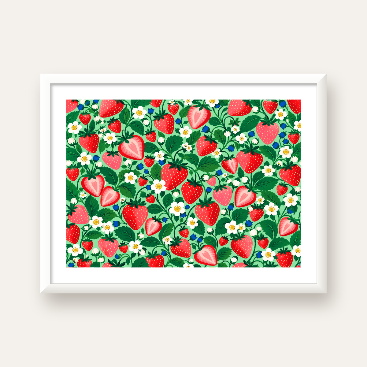 Çilek ve Çiçek Desenli Modern Renkli Sanat Poster — beyaz çerçeveli yatay poster
