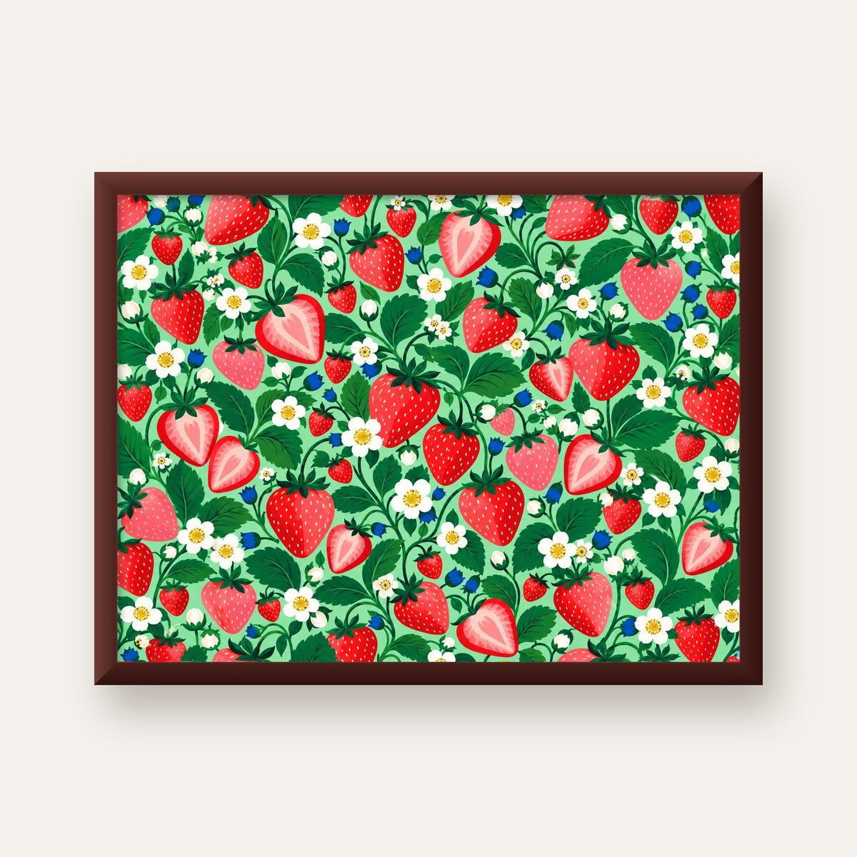 Çilek ve Çiçek Desenli Modern Renkli Sanat Poster — ceviz çerçeveli
