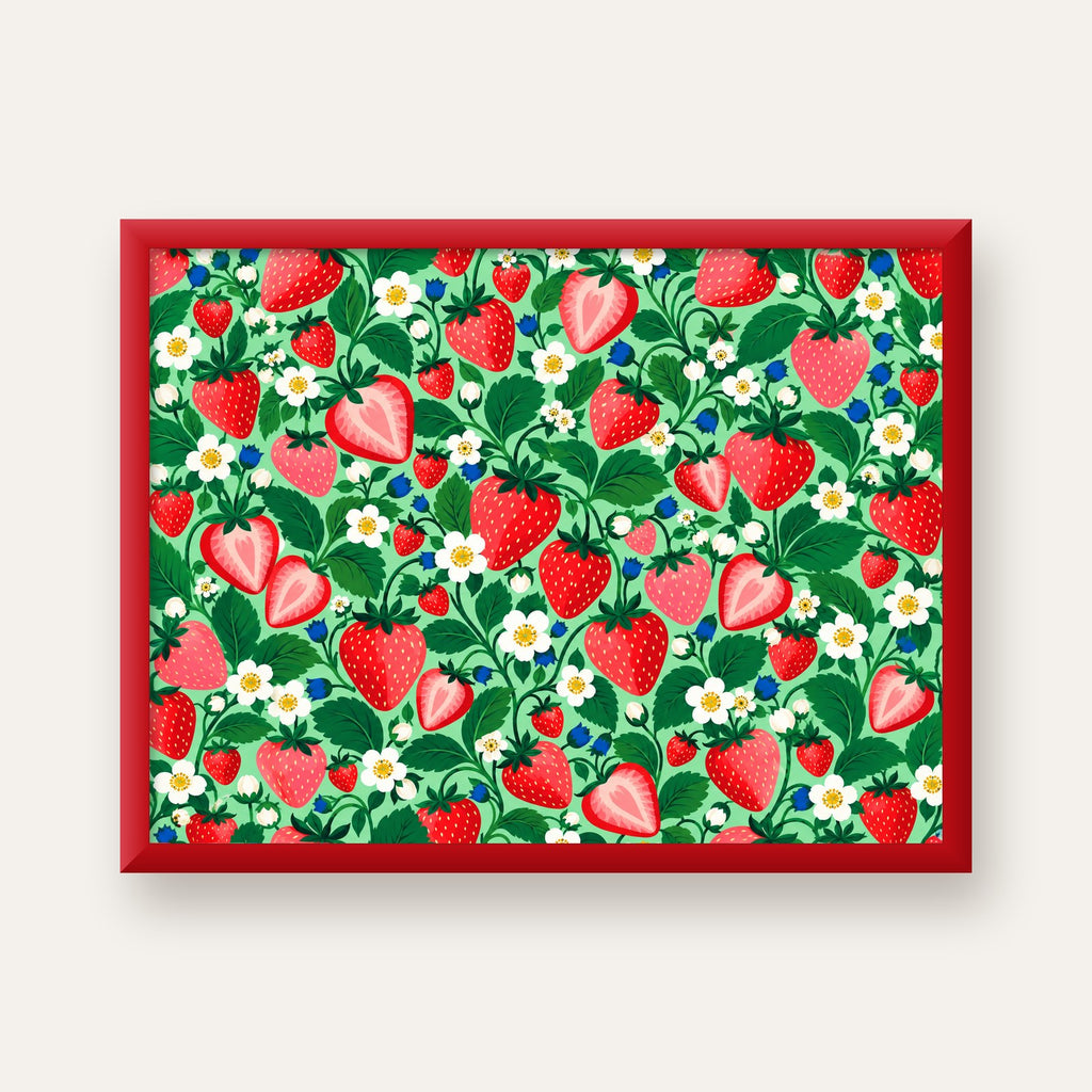 Çilek ve Çiçek Desenli Modern Renkli Sanat Poster — kırmızı çerçeveli