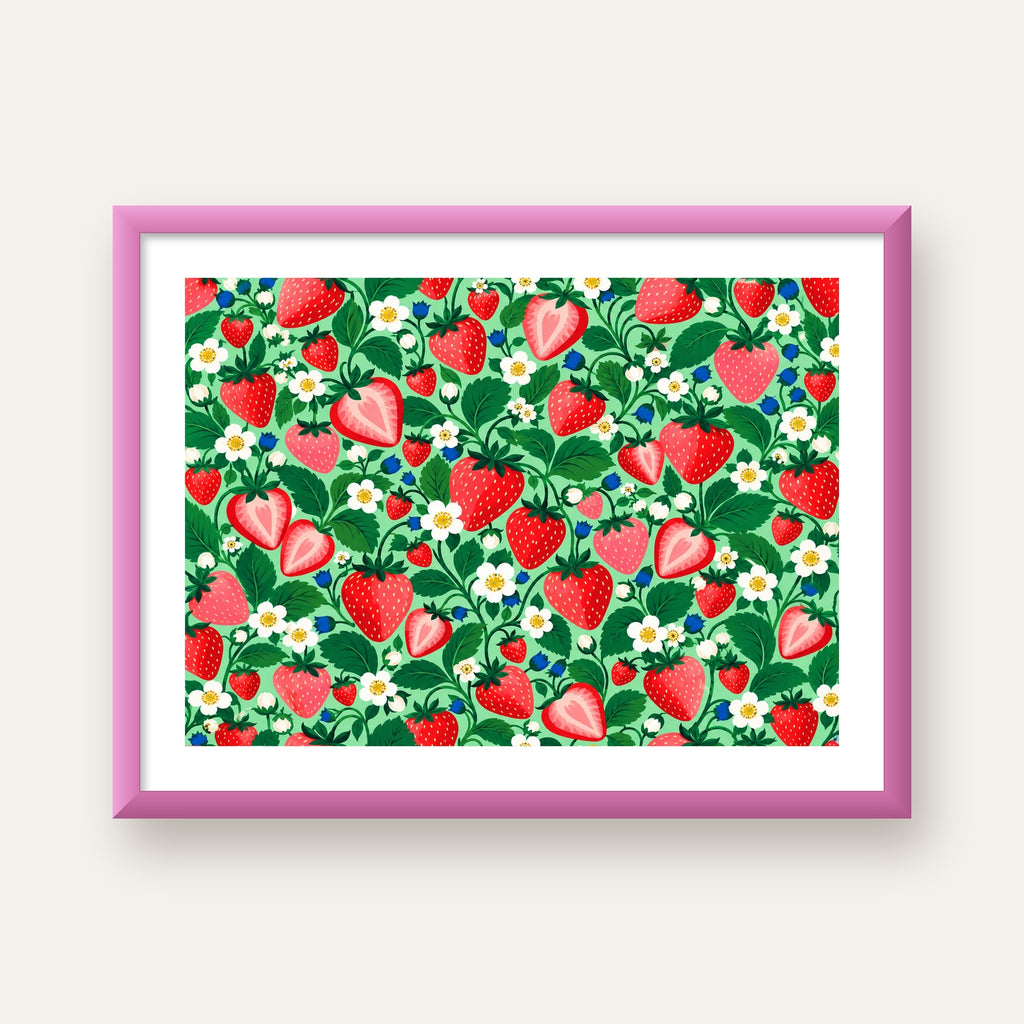 Çilek ve Çiçek Desenli Modern Renkli Sanat Poster — pembe çerçeveli paspartulu