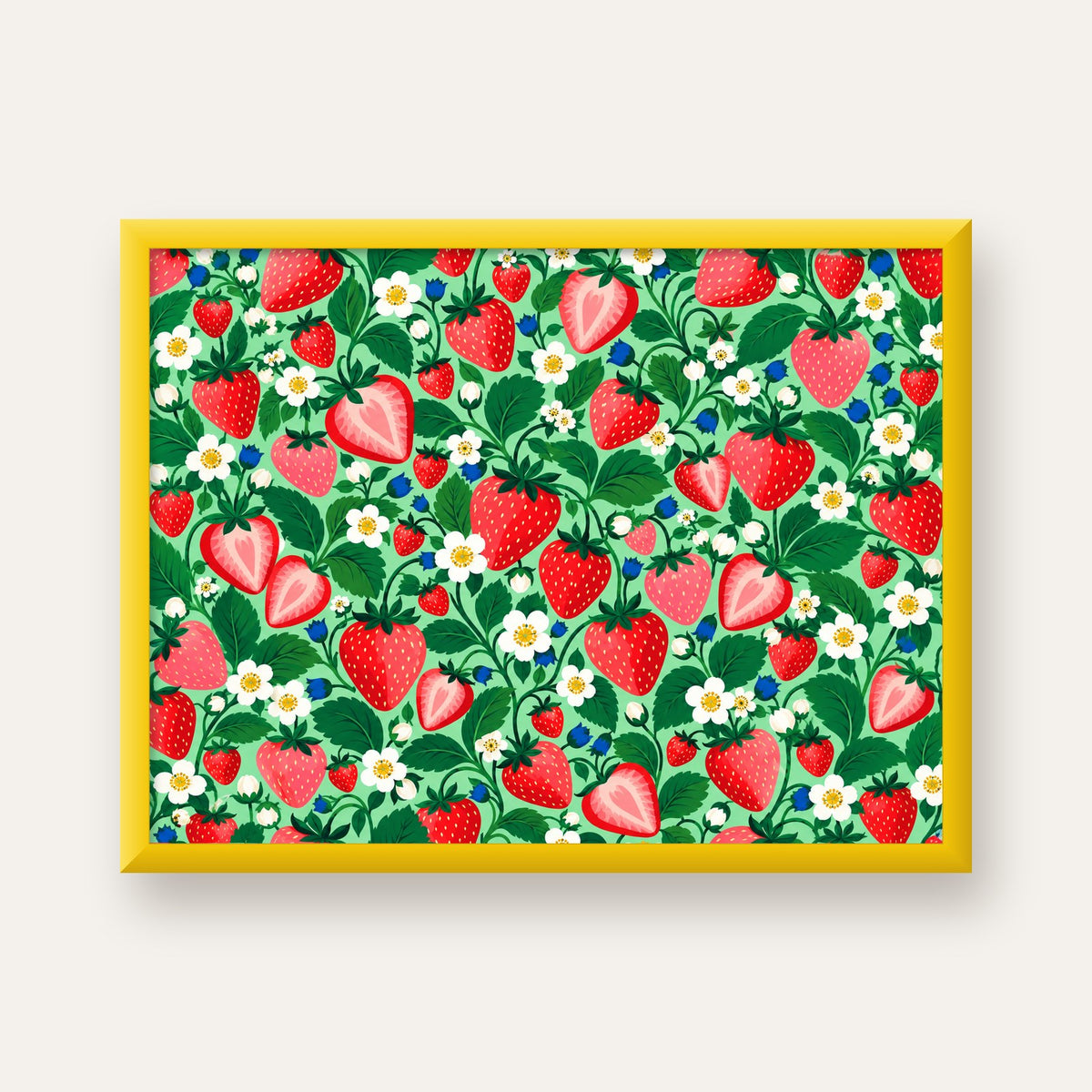 Çilek ve Çiçek Desenli Modern Renkli Sanat Poster — sarı çerçeveli
