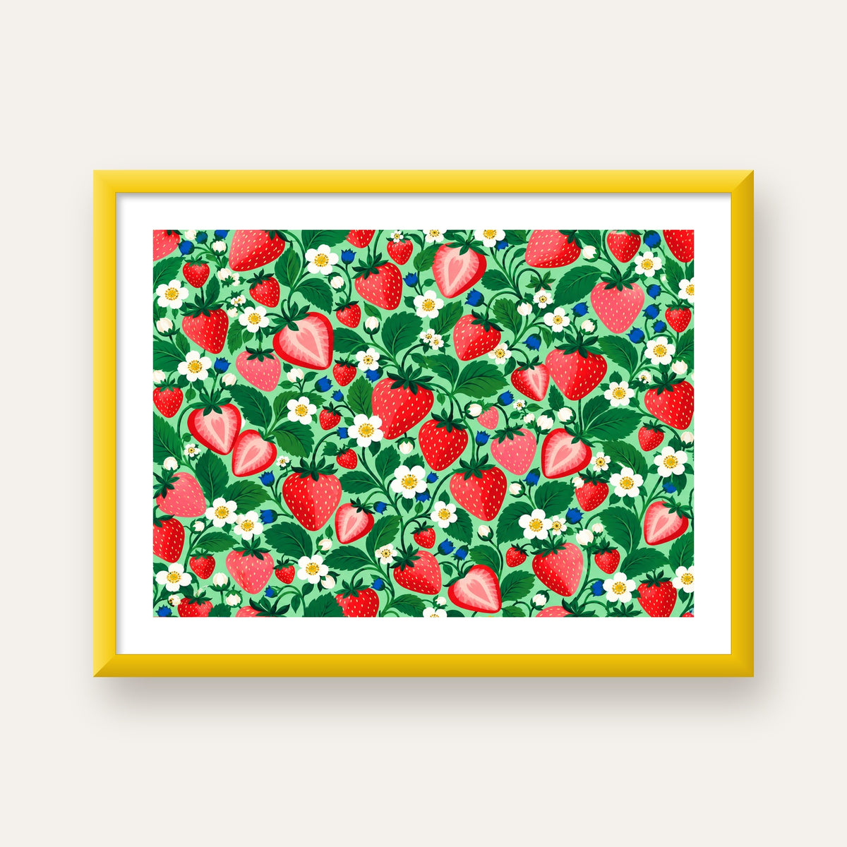 Çilek ve Çiçek Desenli Modern Renkli Sanat Poster — sarı çerçeveli paspartulu