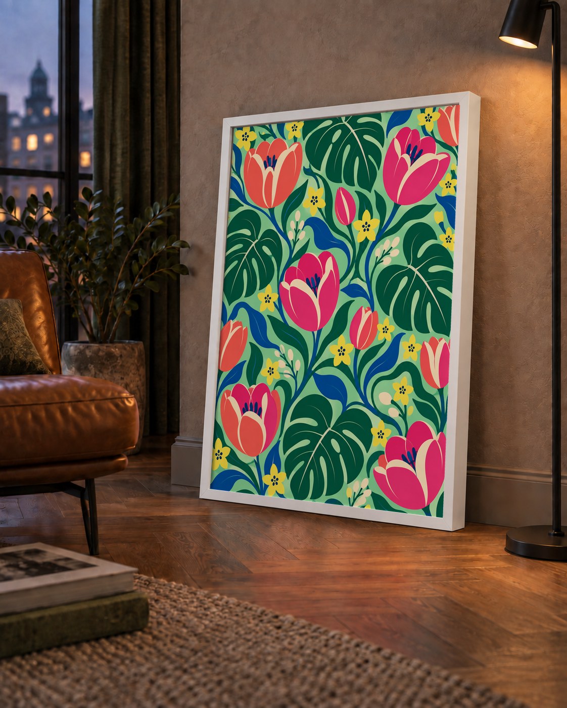 Canlı Çiçek ve Yaprak Desenli Modern Poster – Renkli Duvar Dekoru — çerçeveli hâliyle bir ev duvarında