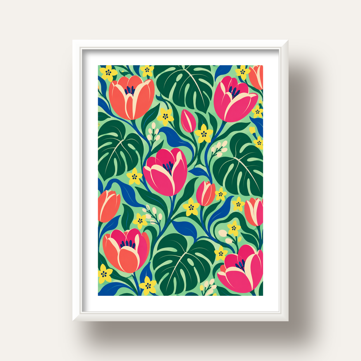 Canlı Çiçek ve Yaprak Desenli Modern Poster – Renkli Duvar Dekoru — beyaz derin çerçeveli paspartulu