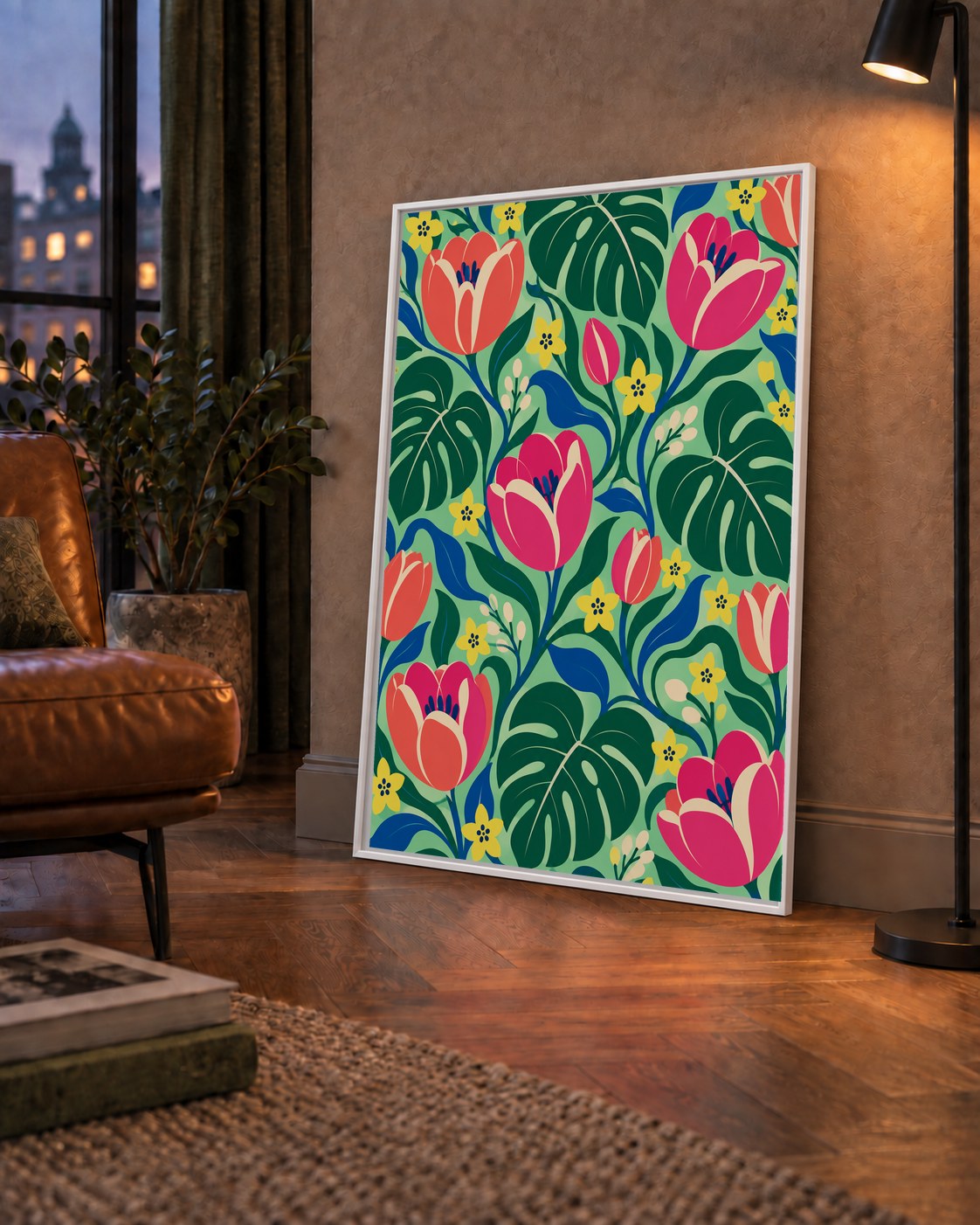 Canlı Çiçek ve Yaprak Desenli Modern Poster – Renkli Duvar Dekoru — çerçeveli hâliyle bir ev duvarında