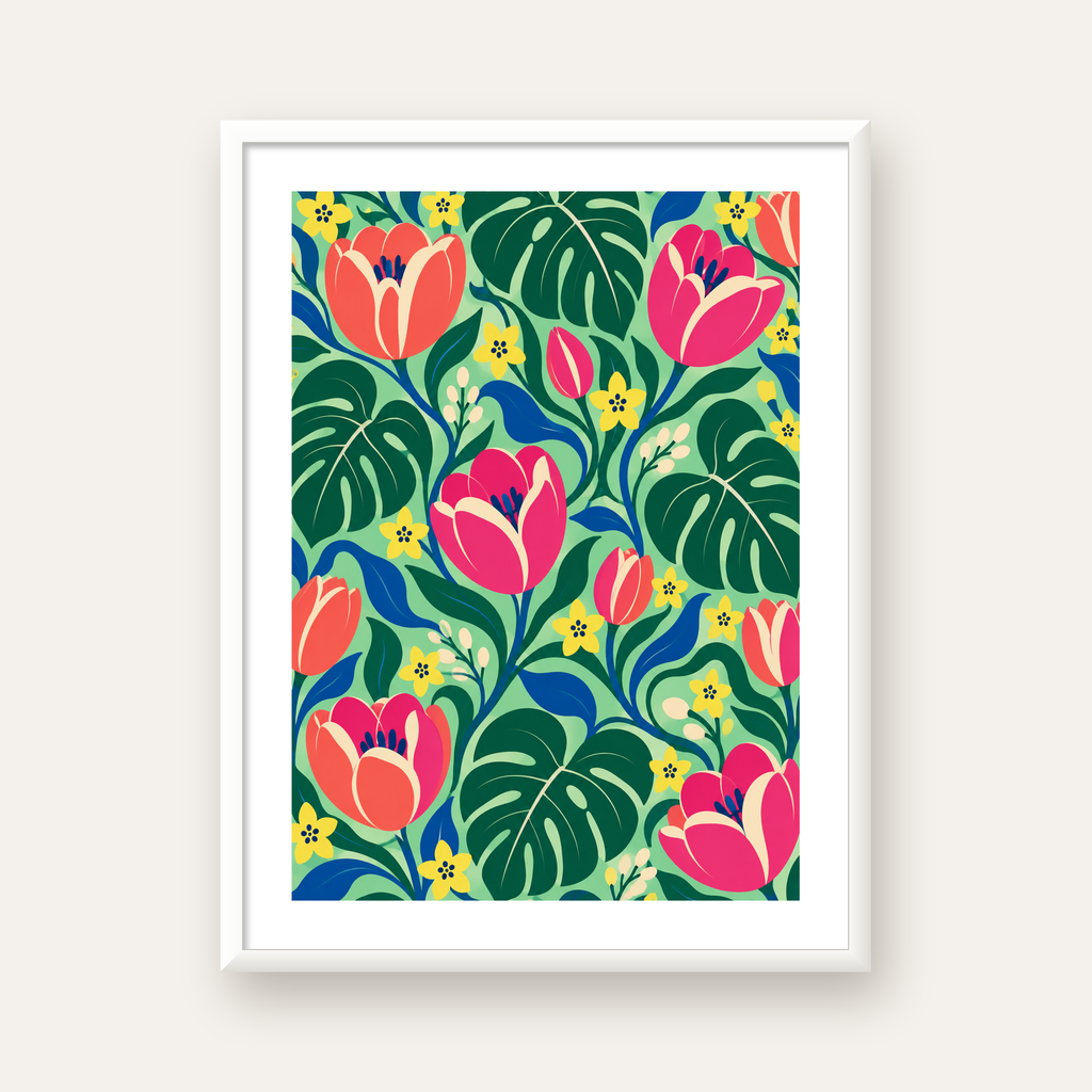 Canlı Çiçek ve Yaprak Desenli Modern Poster – Renkli Duvar Dekoru — beyaz çerçeveli dikey poster