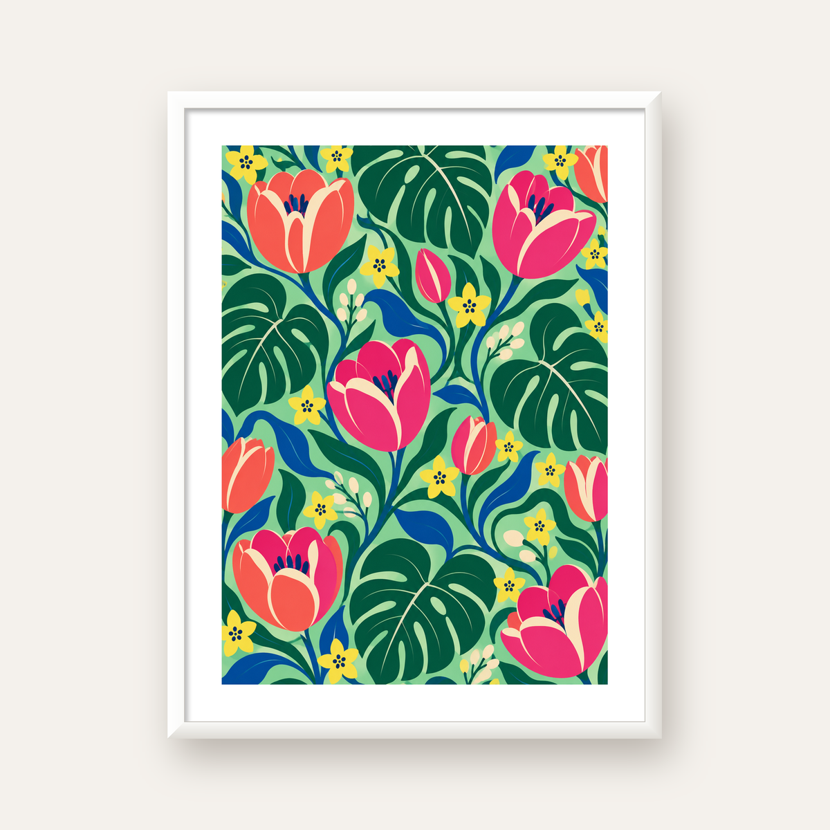 Canlı Çiçek ve Yaprak Desenli Modern Poster – Renkli Duvar Dekoru — beyaz çerçeveli dikey poster