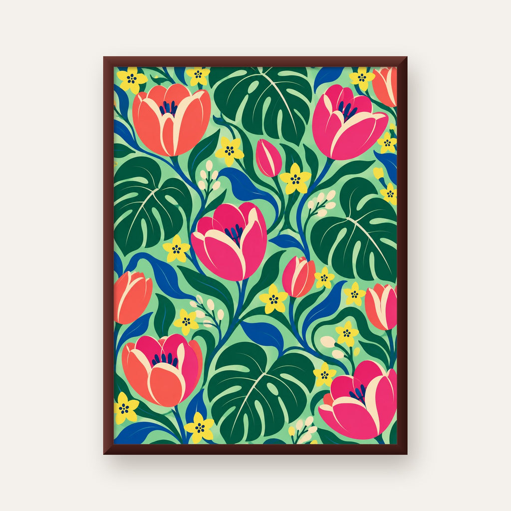 Canlı Çiçek ve Yaprak Desenli Modern Poster – Renkli Duvar Dekoru — ceviz çerçeveli