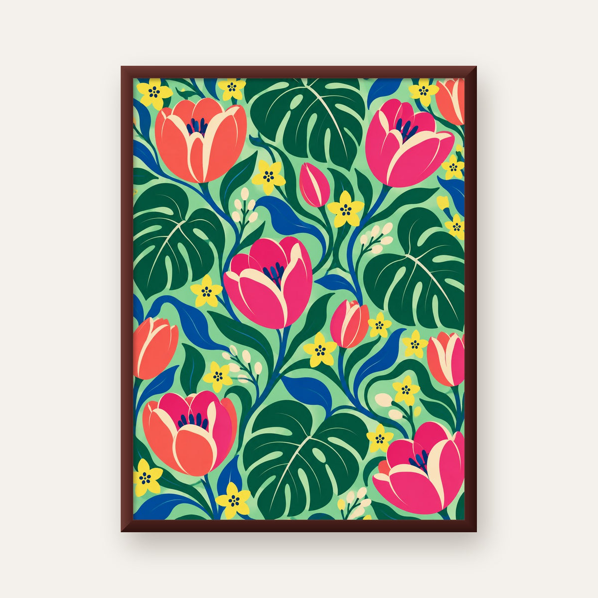 Canlı Çiçek ve Yaprak Desenli Modern Poster – Renkli Duvar Dekoru — ceviz çerçeveli