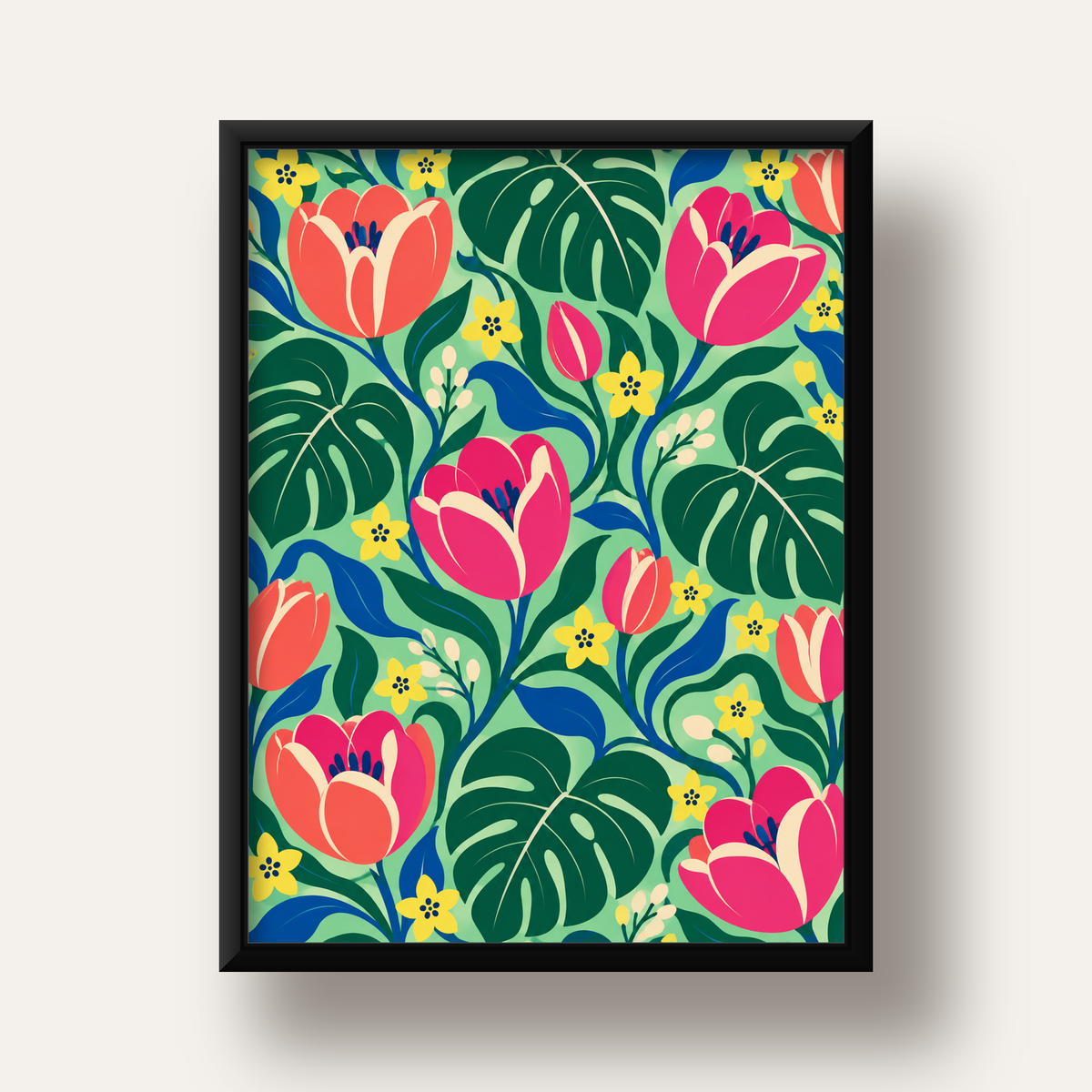 Canlı Çiçek ve Yaprak Desenli Modern Poster – Renkli Duvar Dekoru — siyah derin çerçeveli