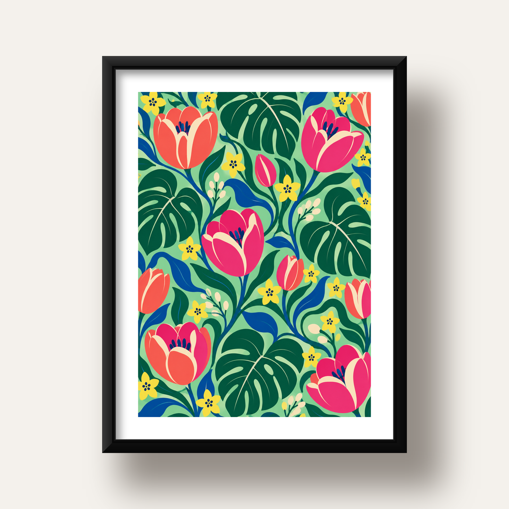 Canlı Çiçek ve Yaprak Desenli Modern Poster – Renkli Duvar Dekoru — siyah derin çerçeveli paspartulu
