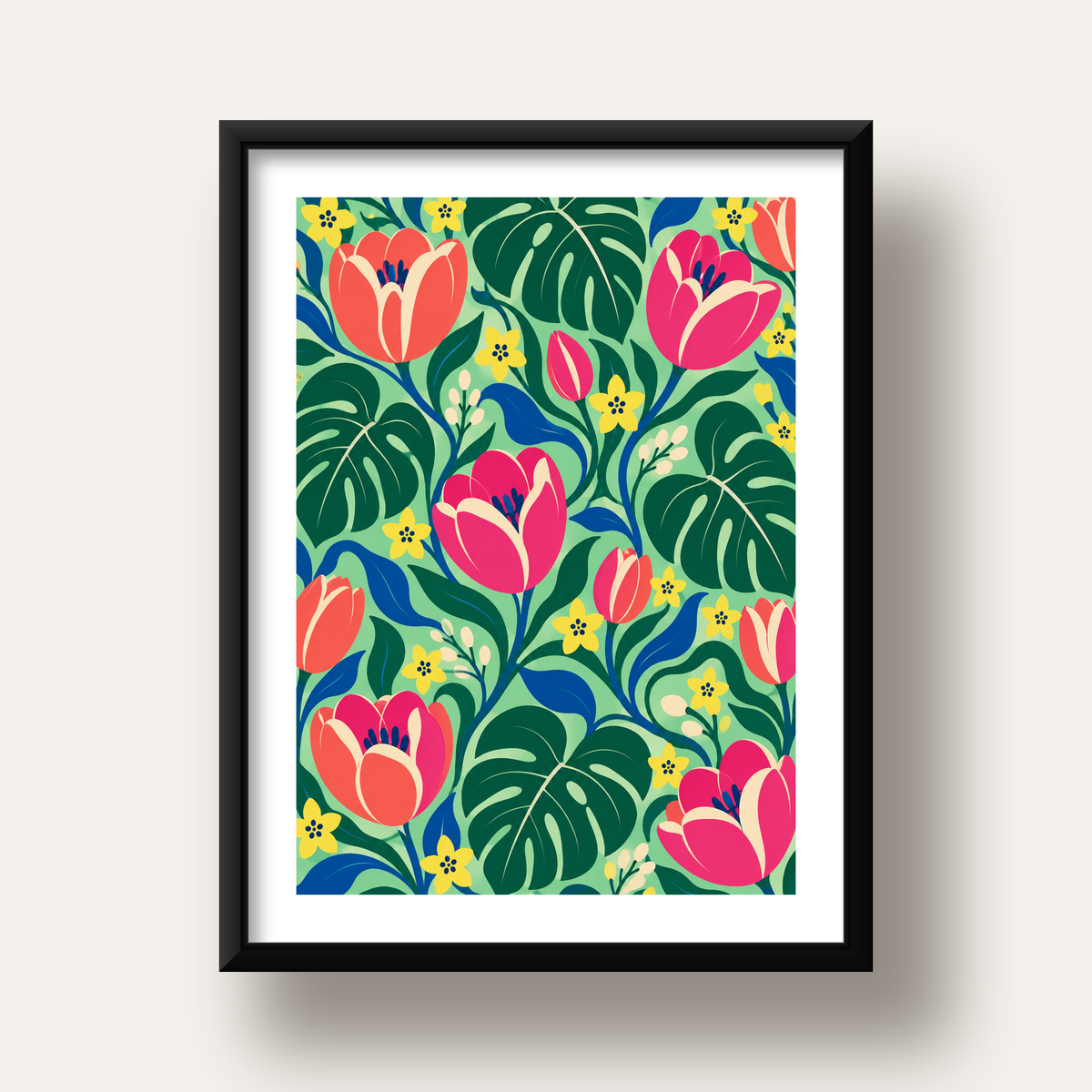 Canlı Çiçek ve Yaprak Desenli Modern Poster – Renkli Duvar Dekoru — siyah derin çerçeveli paspartulu