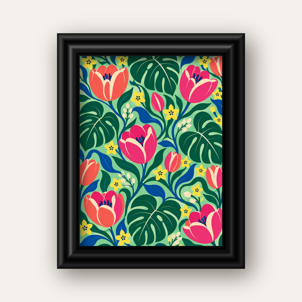Canlı Çiçek ve Yaprak Desenli Modern Poster – Renkli Duvar Dekoru — siyah galeri çerçeveli