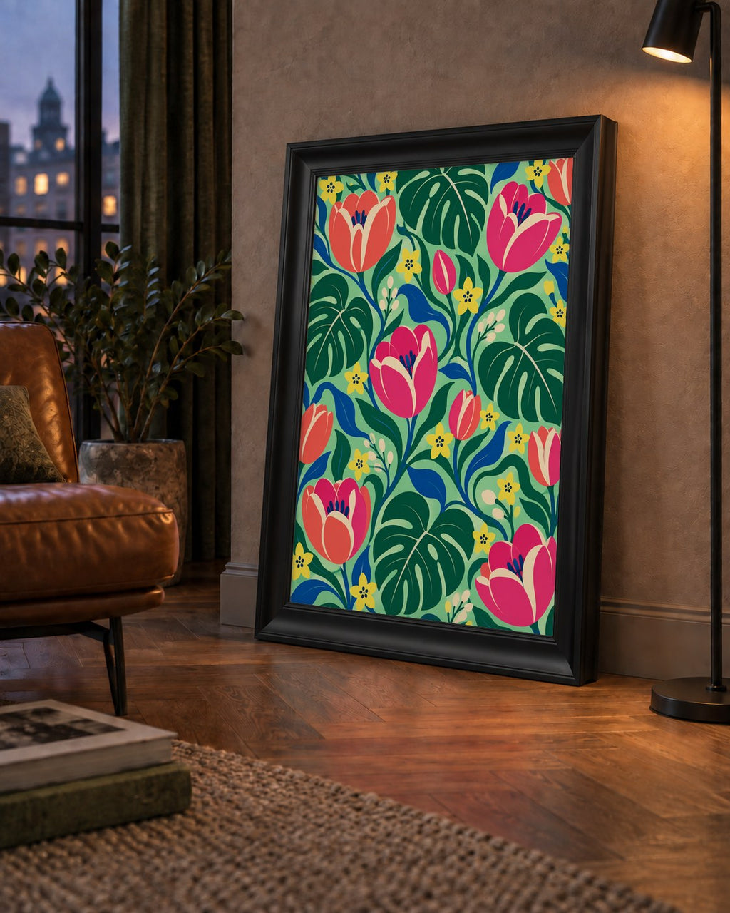 Canlı Çiçek ve Yaprak Desenli Modern Poster – Renkli Duvar Dekoru — çerçeveli hâliyle bir ev duvarında