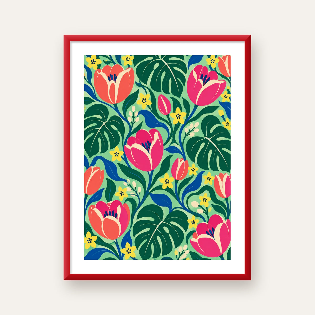 Canlı Çiçek ve Yaprak Desenli Modern Poster – Renkli Duvar Dekoru — kırmızı çerçeveli paspartulu