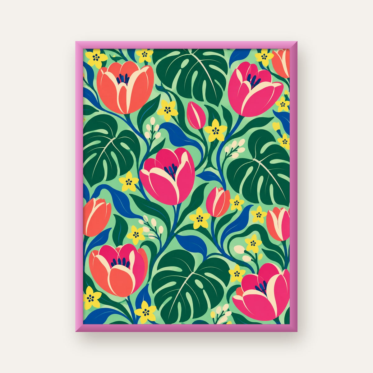 Canlı Çiçek ve Yaprak Desenli Modern Poster – Renkli Duvar Dekoru — pembe çerçeveli