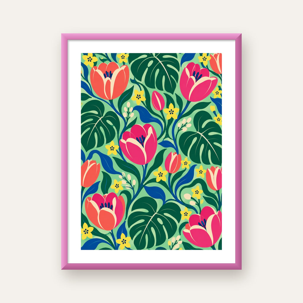 Canlı Çiçek ve Yaprak Desenli Modern Poster – Renkli Duvar Dekoru — pembe çerçeveli paspartulu