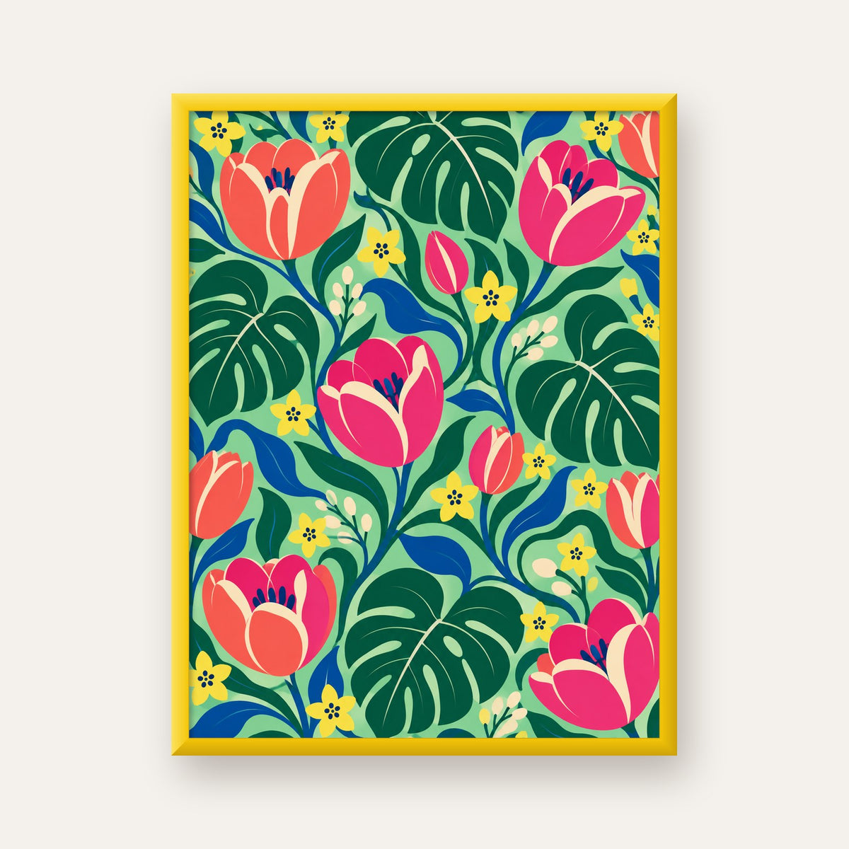 Canlı Çiçek ve Yaprak Desenli Modern Poster – Renkli Duvar Dekoru — sarı çerçeveli