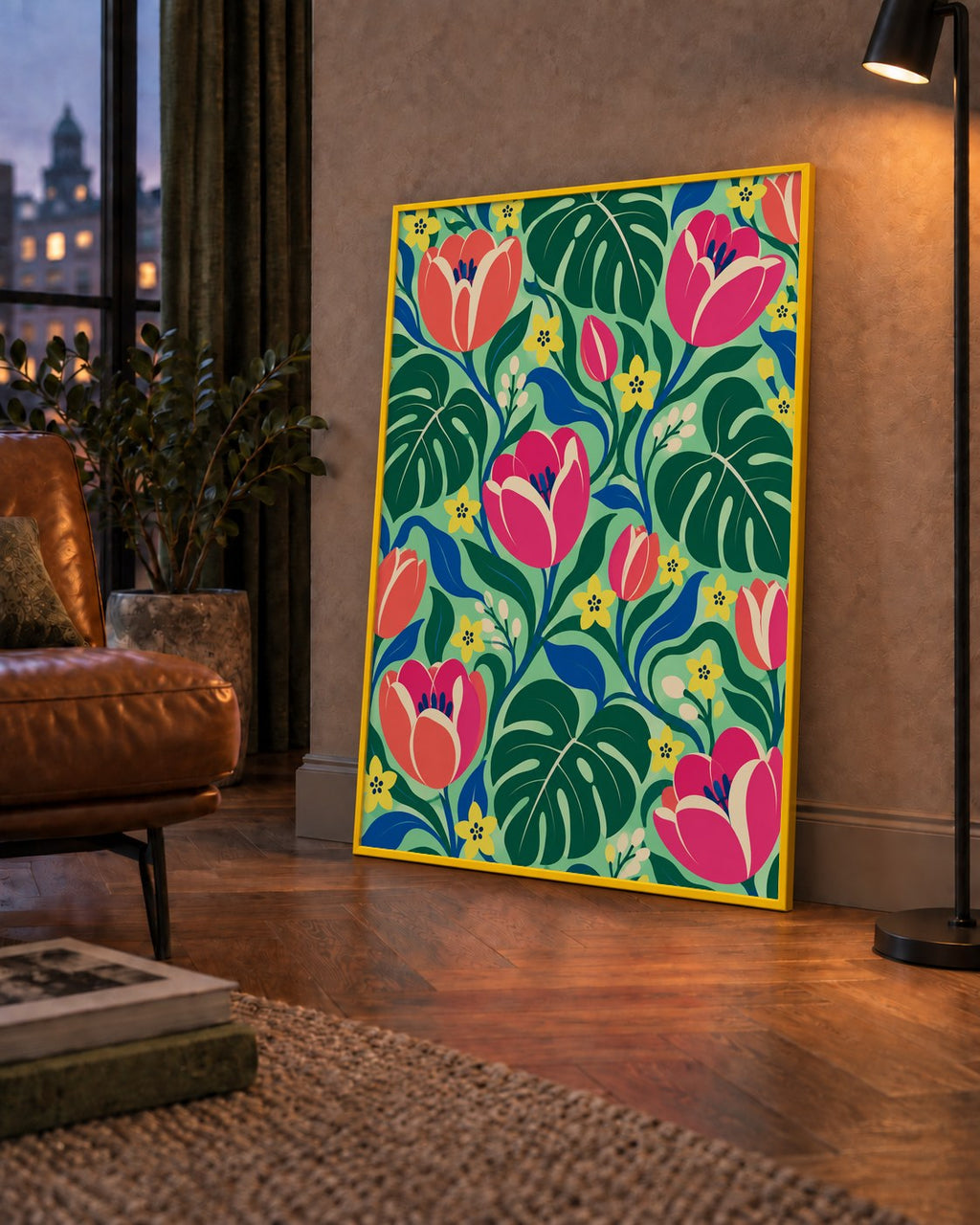 Canlı Çiçek ve Yaprak Desenli Modern Poster – Renkli Duvar Dekoru — çerçeveli hâliyle bir ev duvarında