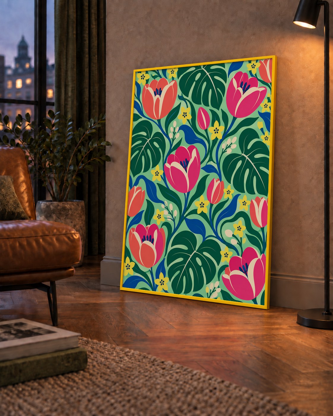 Canlı Çiçek ve Yaprak Desenli Modern Poster – Renkli Duvar Dekoru — çerçeveli hâliyle bir ev duvarında