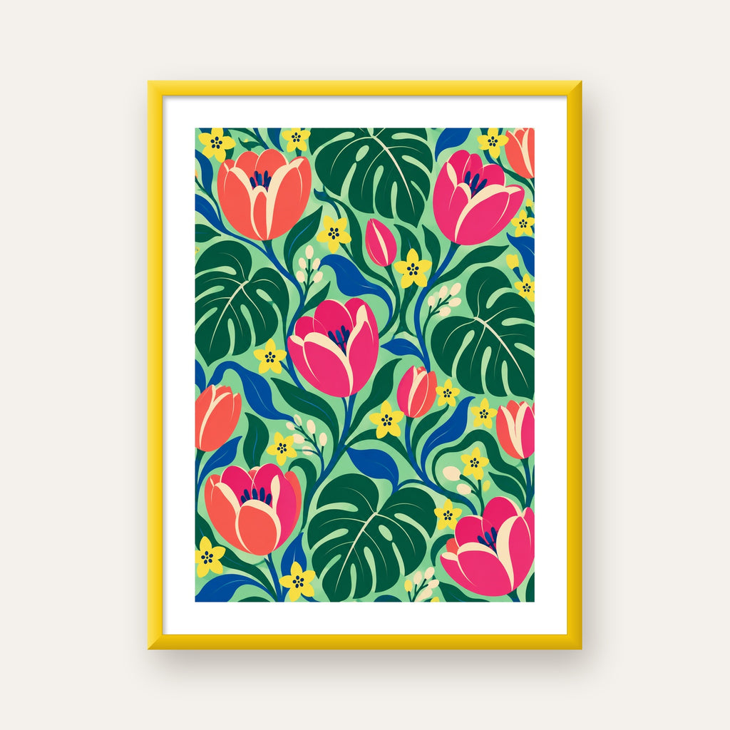 Canlı Çiçek ve Yaprak Desenli Modern Poster – Renkli Duvar Dekoru — sarı çerçeveli paspartulu
