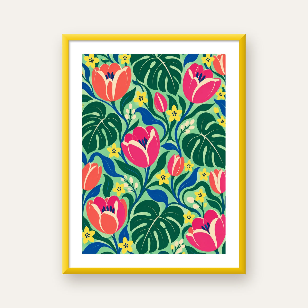 Canlı Çiçek ve Yaprak Desenli Modern Poster – Renkli Duvar Dekoru — sarı çerçeveli paspartulu
