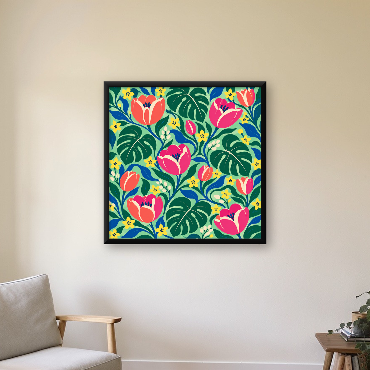 Canlı Çiçek ve Yaprak Desenli Dijital Sanat Poster Baskısı — Kare baskı, çerçeveli hâliyle bir ev duvarında