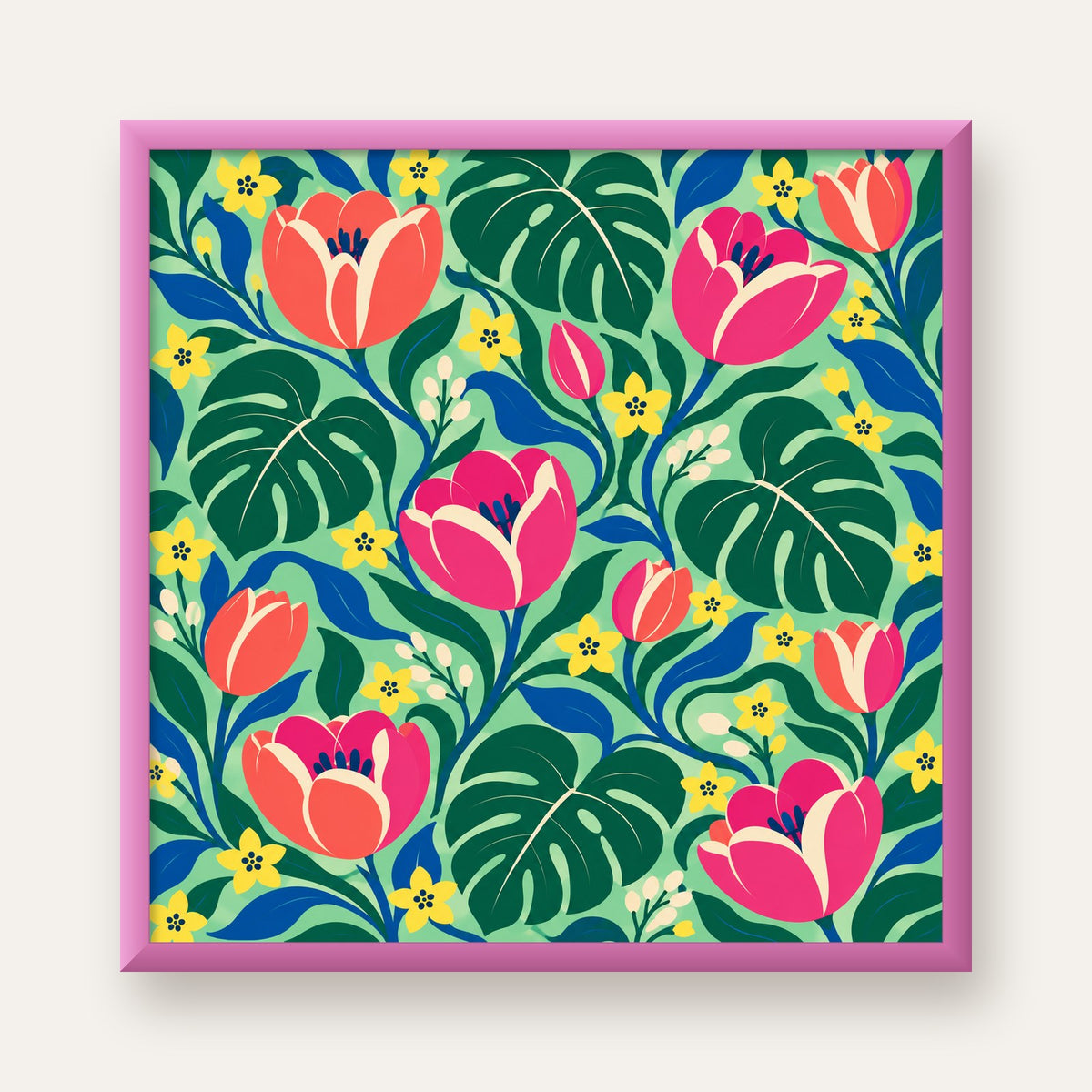 Canlı Çiçek ve Yaprak Desenli Modern Poster – Renkli Duvar Dekoru — pembe çerçeveli