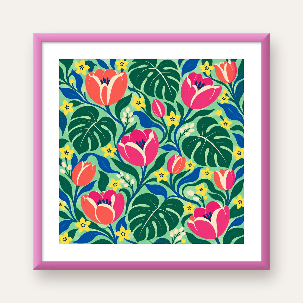 Canlı Çiçek ve Yaprak Desenli Modern Poster – Renkli Duvar Dekoru — pembe çerçeveli paspartulu