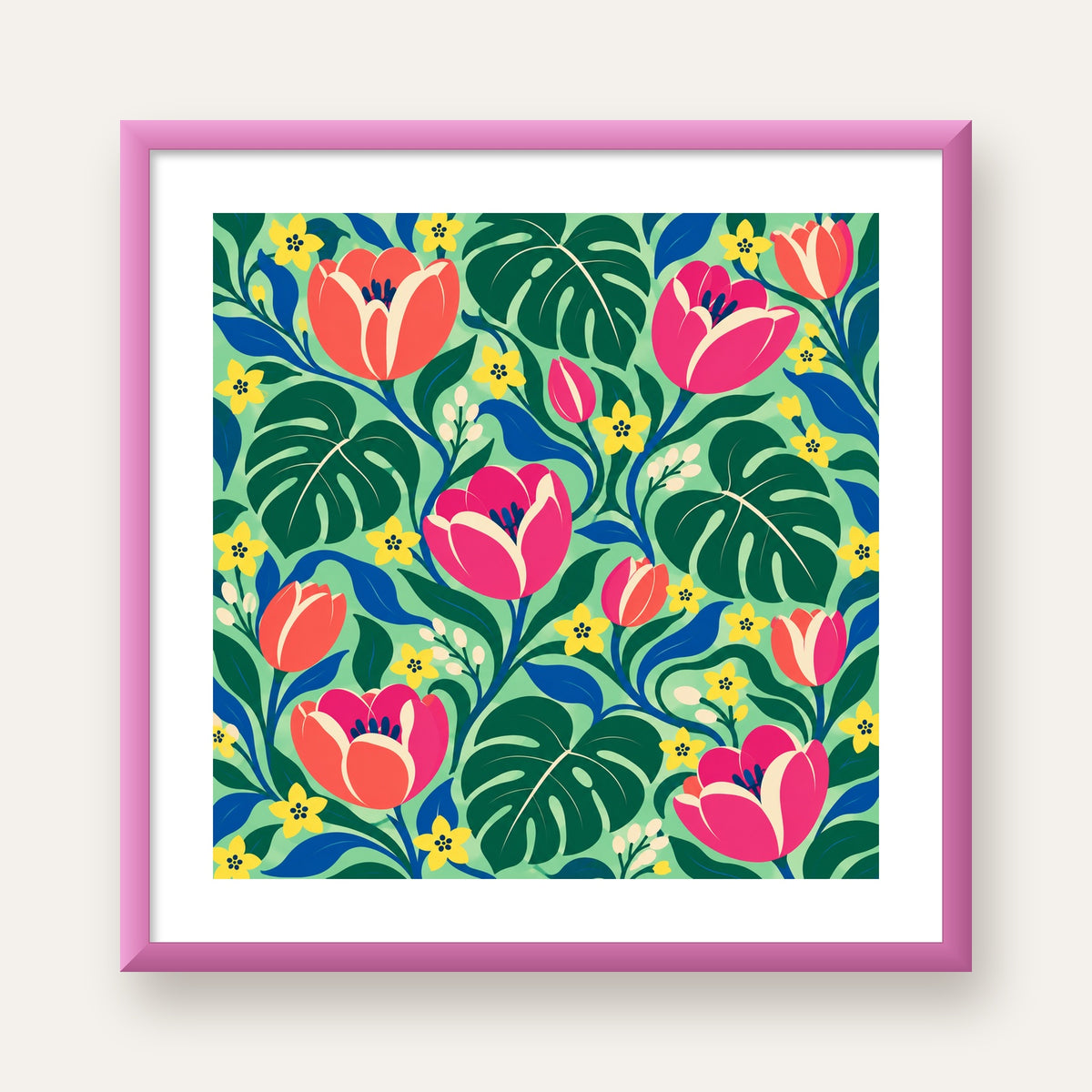 Canlı Çiçek ve Yaprak Desenli Modern Poster – Renkli Duvar Dekoru — pembe çerçeveli paspartulu