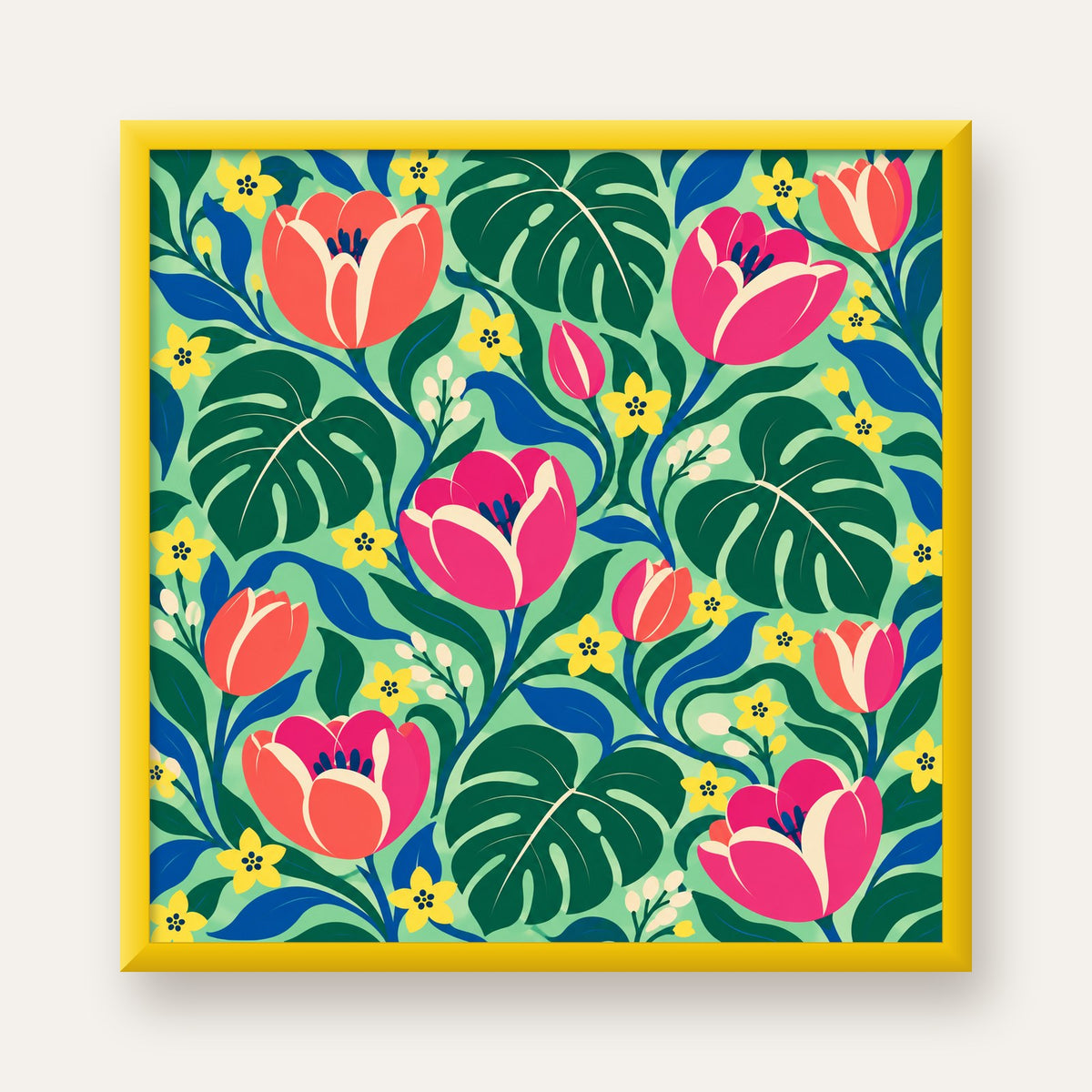 Canlı Çiçek ve Yaprak Desenli Modern Poster – Renkli Duvar Dekoru — sarı çerçeveli
