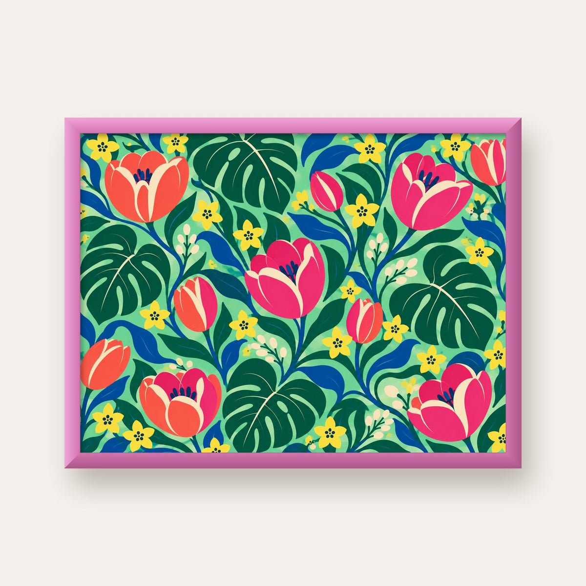 Canlı Çiçek ve Yaprak Desenli Modern Poster – Renkli Duvar Dekoru — pembe çerçeveli