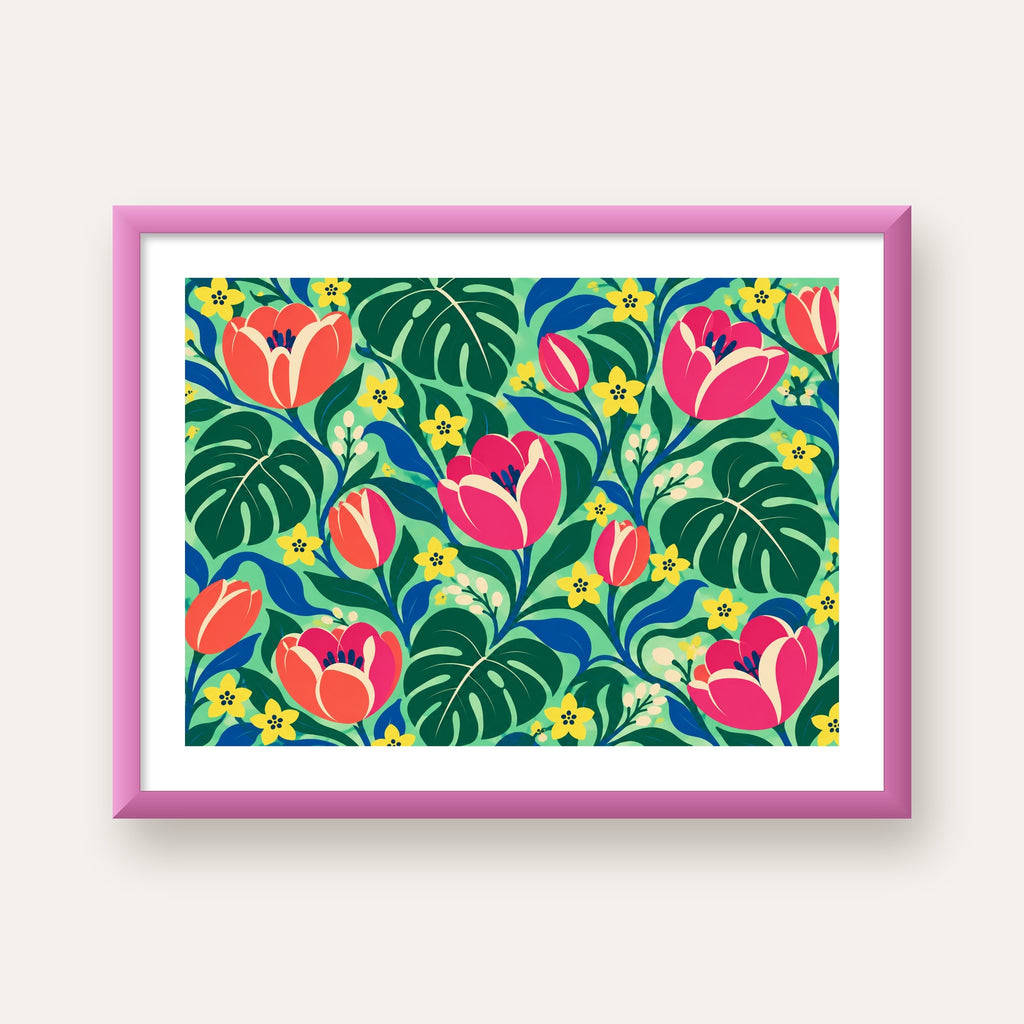 Canlı Çiçek ve Yaprak Desenli Modern Poster – Renkli Duvar Dekoru — pembe çerçeveli paspartulu