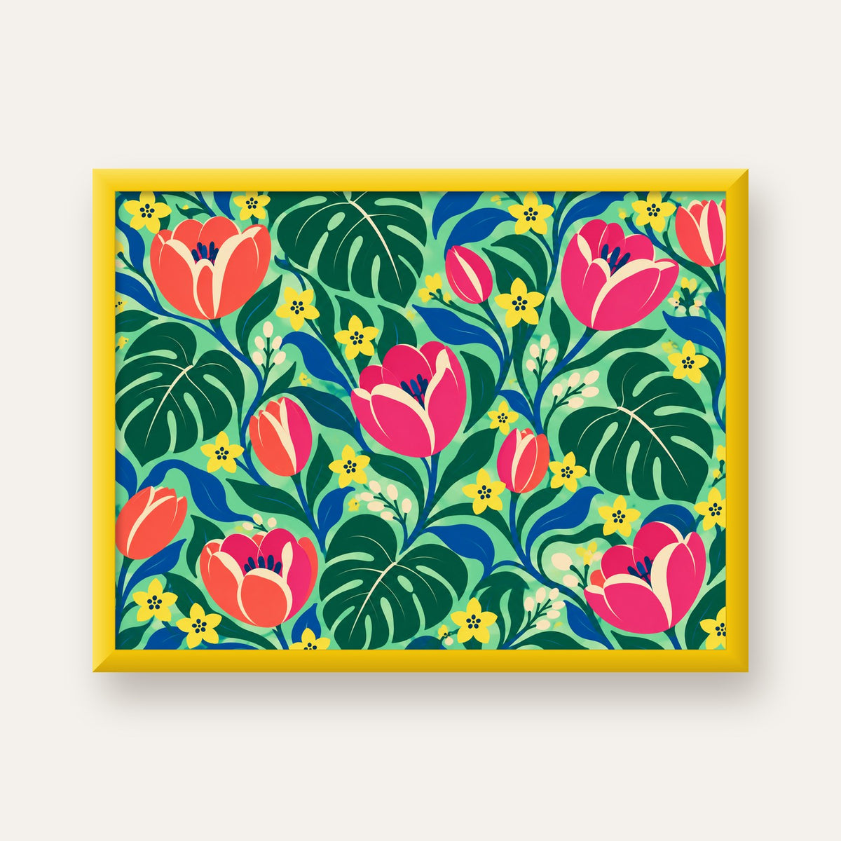 Canlı Çiçek ve Yaprak Desenli Modern Poster – Renkli Duvar Dekoru — sarı çerçeveli