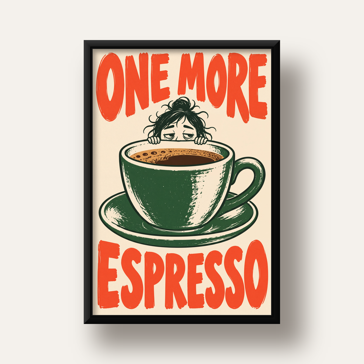 One More Espresso Mizahi Retro Kahve Posteri — siyah derin çerçeveli
