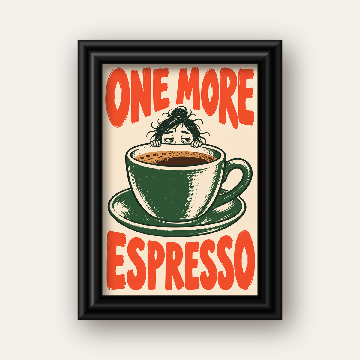 One More Espresso Mizahi Retro Kahve Posteri — siyah galeri çerçeveli