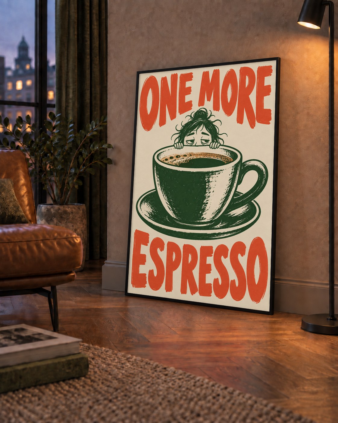 One More Espresso Mizahi Retro Kahve Posteri — çerçeveli hâliyle bir ev duvarında