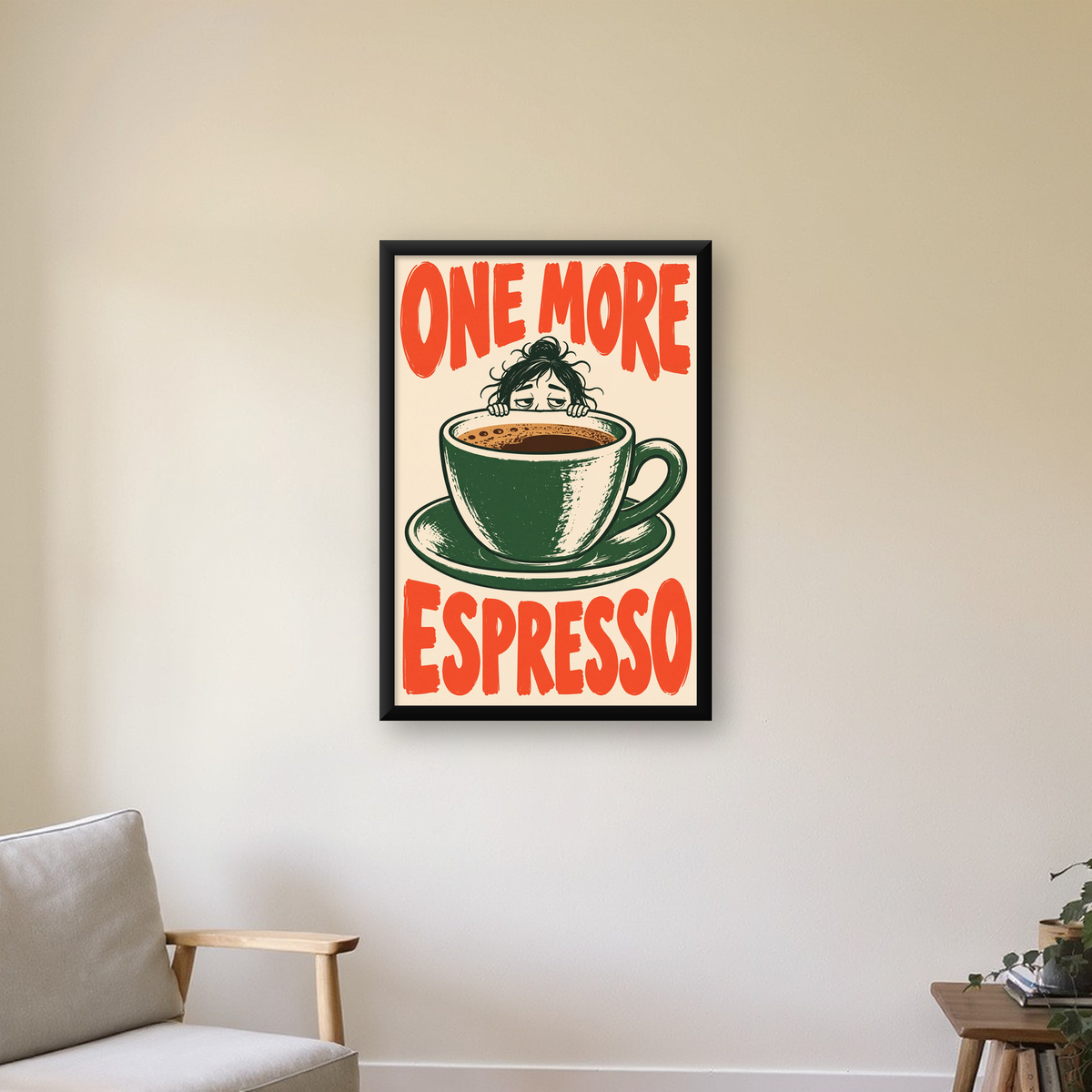 One More Espresso Mizahi Retro Kahve Posteri — çerçeveli hâliyle bir ev duvarında