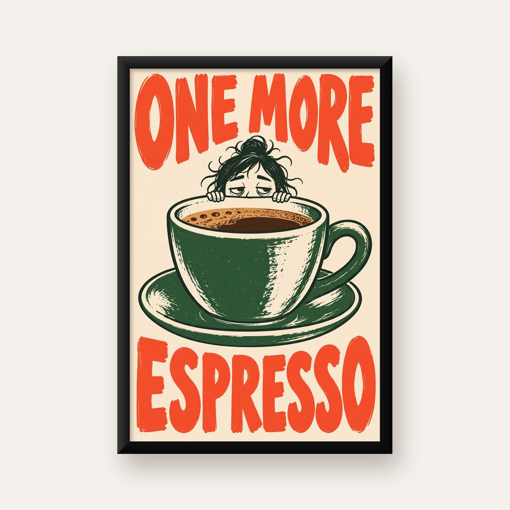 One More Espresso Mizahi Retro Kahve Posteri — düz siyah çerçeveli duvar posteri