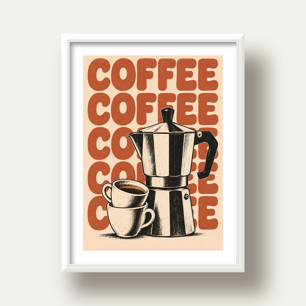 Retro Kahve Demliği & Fincanlar Poster – Elle Çizilmiş Tasarım — beyaz derin çerçeveli paspartulu
