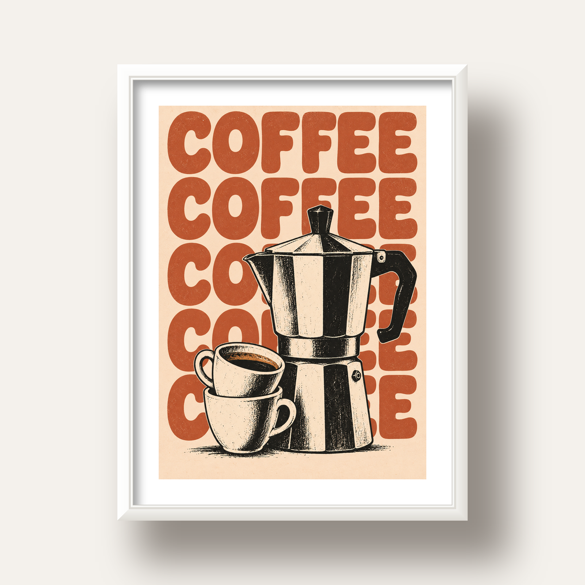 Retro Kahve Demliği & Fincanlar Poster – Elle Çizilmiş Tasarım — beyaz derin çerçeveli paspartulu