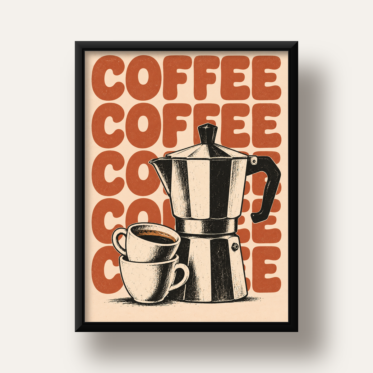 Retro Kahve Demliği & Fincanlar Poster – Elle Çizilmiş Tasarım — siyah derin çerçeveli