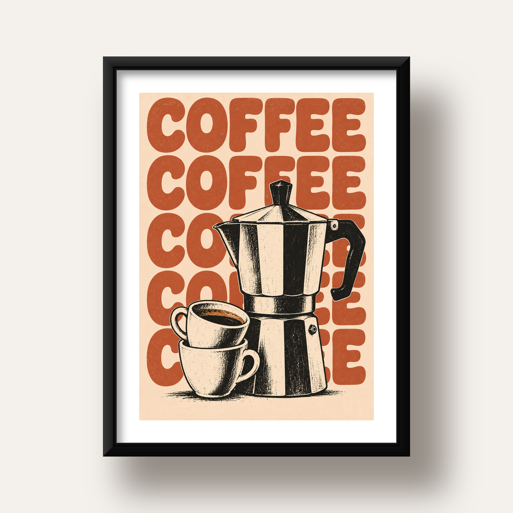 Retro Kahve Demliği & Fincanlar Poster – Elle Çizilmiş Tasarım — siyah derin çerçeveli paspartulu