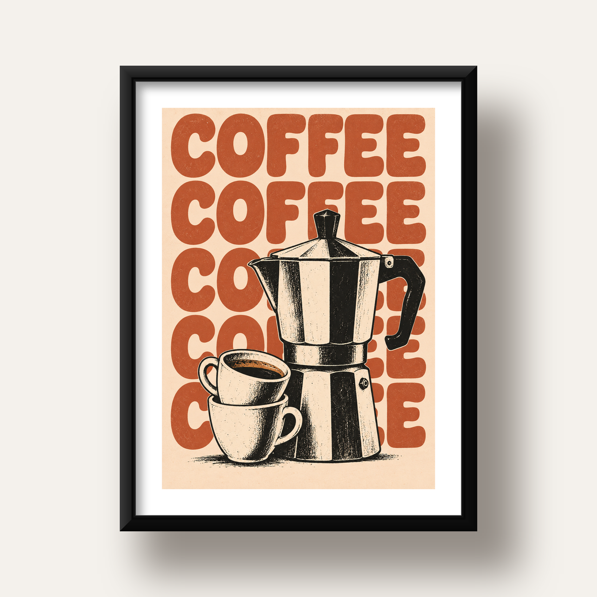 Retro Kahve Demliği & Fincanlar Poster – Elle Çizilmiş Tasarım — siyah derin çerçeveli paspartulu