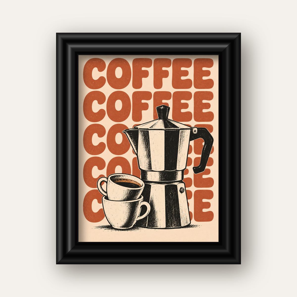 Retro Kahve Demliği & Fincanlar Poster – Elle Çizilmiş Tasarım — siyah galeri çerçeveli