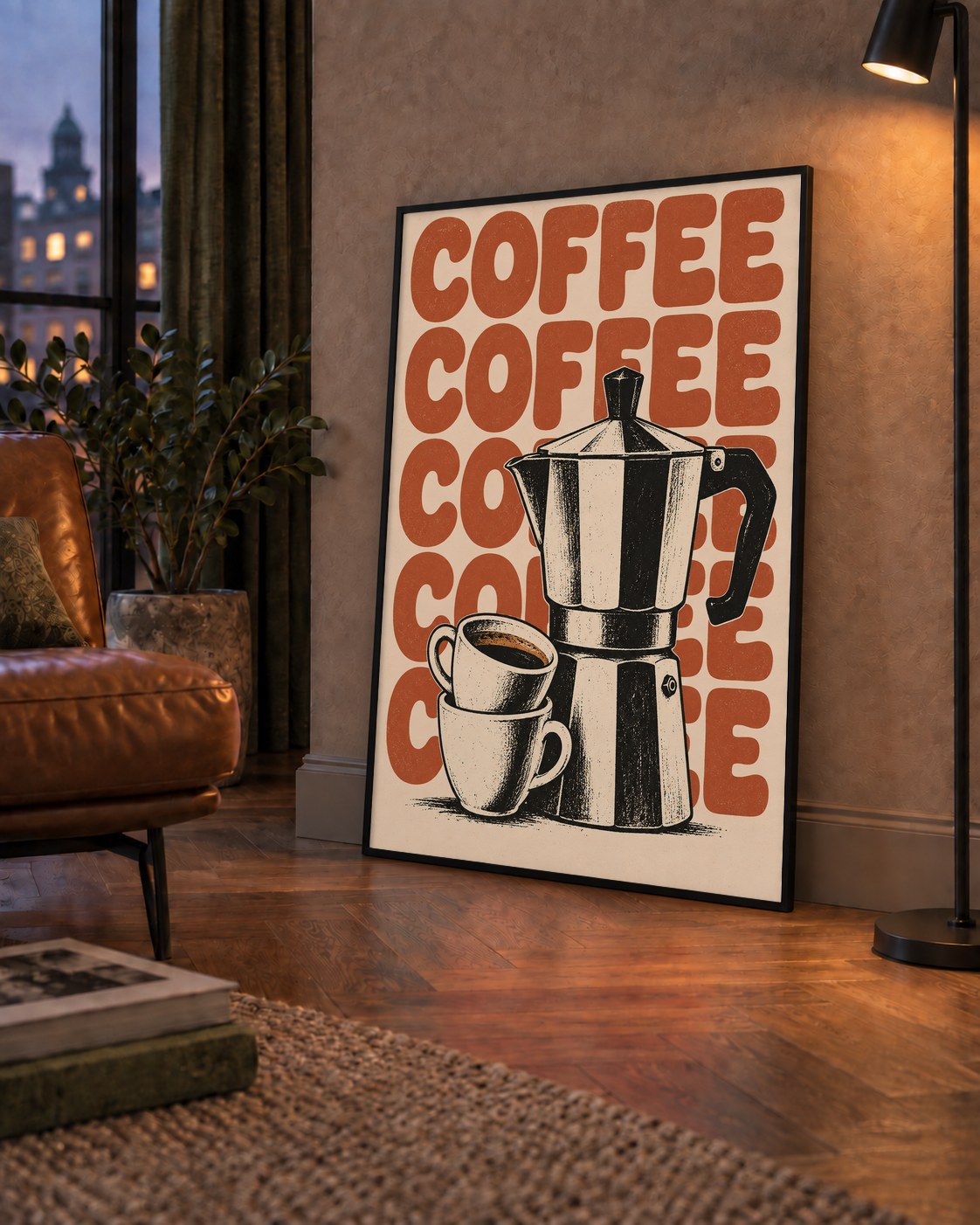 Retro Kahve Demliği & Fincanlar Poster – Elle Çizilmiş Tasarım — çerçeveli hâliyle bir ev duvarında