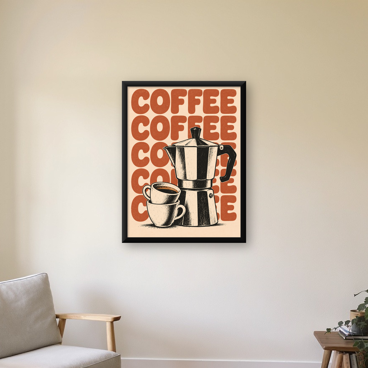 Retro Kahve Demliği & Fincanlar Poster – Elle Çizilmiş Tasarım — Dikey baskı, çerçeveli hâliyle bir ev duvarında